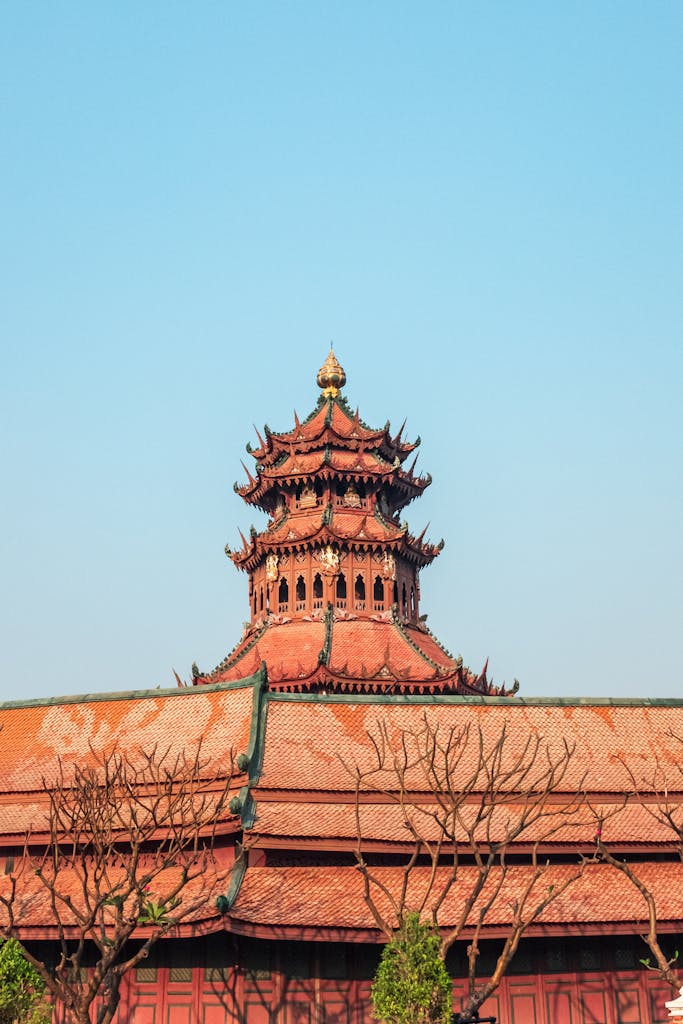 A beautiful pagoda in Bangkok showcasing stunning traditional architecture under a clear blue sky.