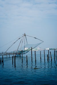 Scenic view of a Chinese fishing net over calm waters in Fort Kochi, Kerala, India.