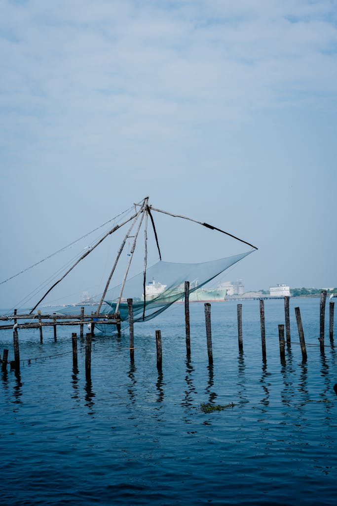 Scenic view of a Chinese fishing net over calm waters in Fort Kochi, Kerala, India.
