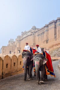 Men in traditional attire riding elephants at Amber Fort, Jaipur, India, showcasing cultural heritage.